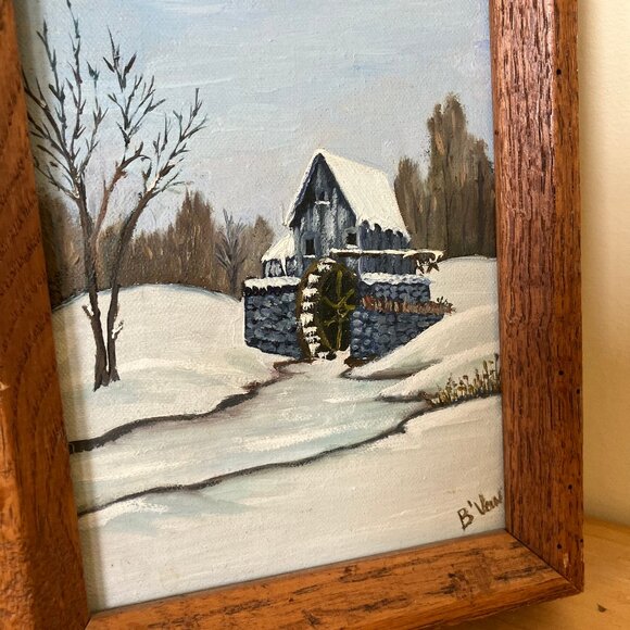 Winter Grist Mill Original Framed Oil Painting Water Wheel Landscape Signed Art - Picture 2 of 6